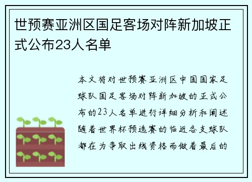 世预赛亚洲区国足客场对阵新加坡正式公布23人名单