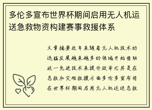 多伦多宣布世界杯期间启用无人机运送急救物资构建赛事救援体系
