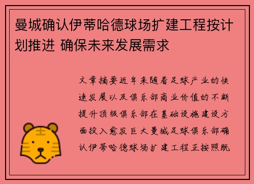 曼城确认伊蒂哈德球场扩建工程按计划推进 确保未来发展需求